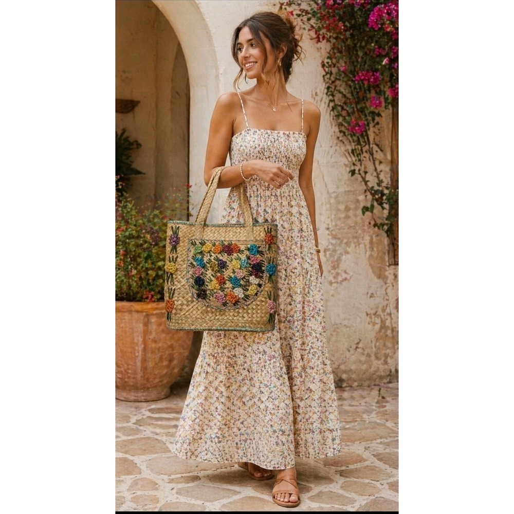 Vintage Embroided Floral Raffia Straw Beach Market Tote Bag Lined Summer Beach